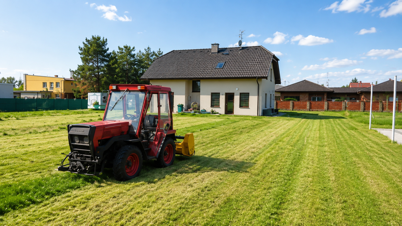 Upravená zahrada s posečeným trávníkem